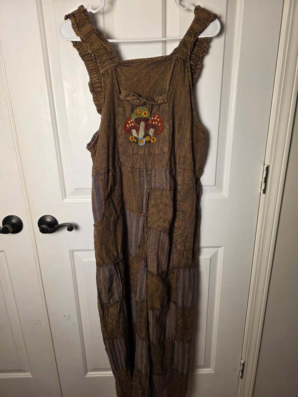 Earthbound Trading Co Overalls Size M Brown Patchwork Mushroom